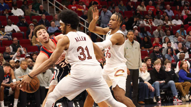 Jan 26, 2023; Houston, Texas, USA; Cleveland Cavaliers center Jarrett Allen (31) steals Houston Rockets center Alperen Sengun (28) pass in the second quarter at Toyota Center. Mandatory Credit: Thomas Shea-USA TODAY Sports